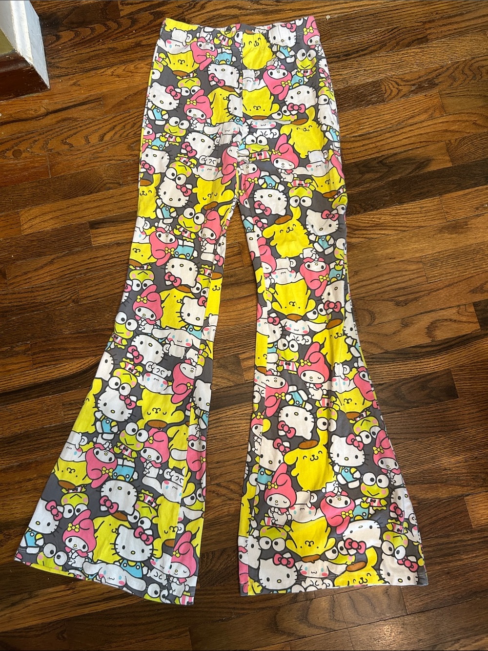 Hello Kitty Multicolor Bell Bottom Leggings - Pink, Yellow, Gray, White